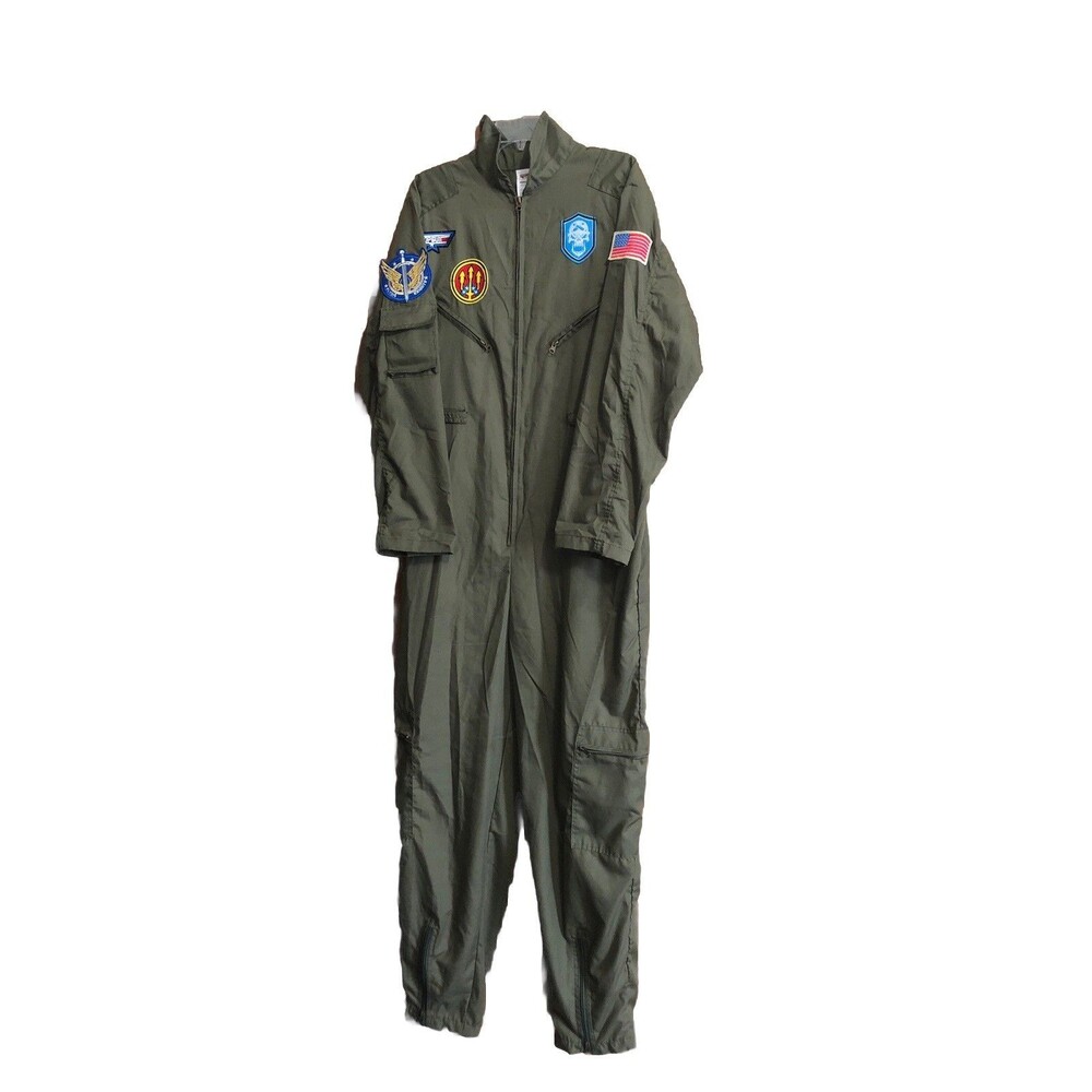 Spooktacular Creations Adult Pilot Costume Jumpsuit Olive Green Patches Large